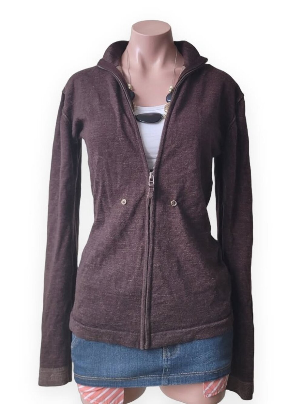 Report Collection Brown Mercersied Wool Knit Button Top (L)